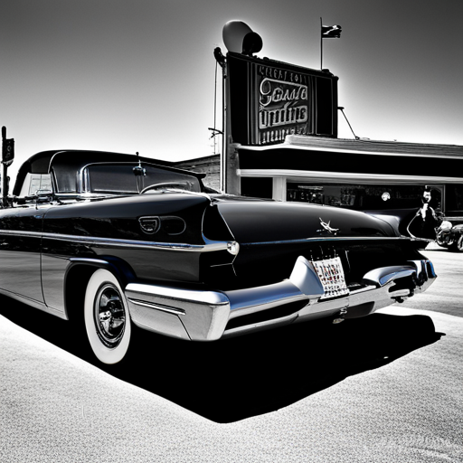 mid-century modern design, black and white photographs, sleek lines, chrome accents, tailfins, leather interiors, Route 66, gas guzzlers, drive-in theaters