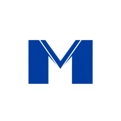 minimal M logo, perspective convergence, depth, hierarchy, solid indigo blue, geometric, modern tech design, flat vector, white background, Bauhaus influences, clean lines, symmetry, contemporary aesthetics, spatial innovation, futurism, precision, abstraction, innovative branding, structural elegance