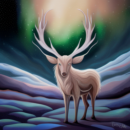 Mythical creature, majestic, folklore, winter, snow, antlers, magical, ethereal, woodland, snowflakes, Northern Lights, fairy tale, whimsical, enchanted forest, dreamlike, mystical, fantasy landscape, nature, wildlife, glowing eyes, shimmering fur, Arctic, frozen, reindeer