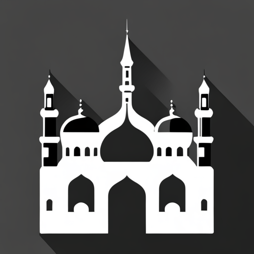 symbolic masjid, rounded border, border shadow, clock, time, 04:10, caption, 7 minutes walking distance, location