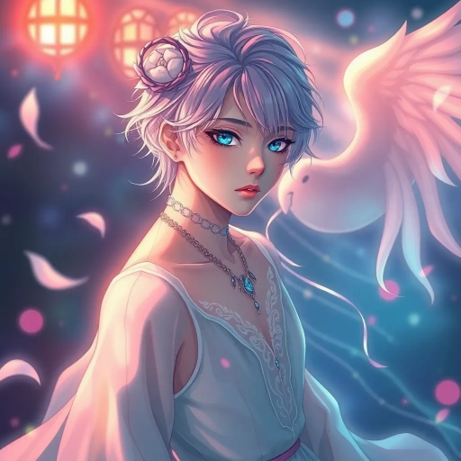 ethereal beauty, anime influences, androgynous elegance, whimsical charm, vibrant colors, delicate details, soft lighting, flowing fabrics, magical aura, contemporary fantasy, dreamlike setting, expressive eyes, gracefulness, lush textures, romantic atmosphere, immersive scene, fantasy creatures, emotional depth, cultural fusion, poised stance, imaginative design, captivating narrative