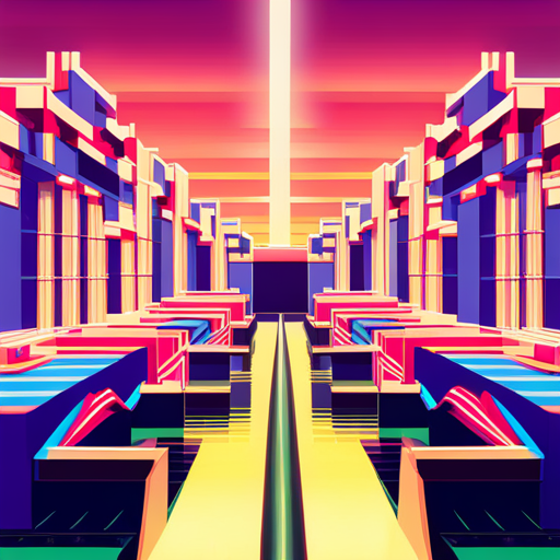 retro-futurism, Wes Anderson, computer hall, neon lighting, geometric shapes, vibrant colors, Art Deco, symmetrical composition