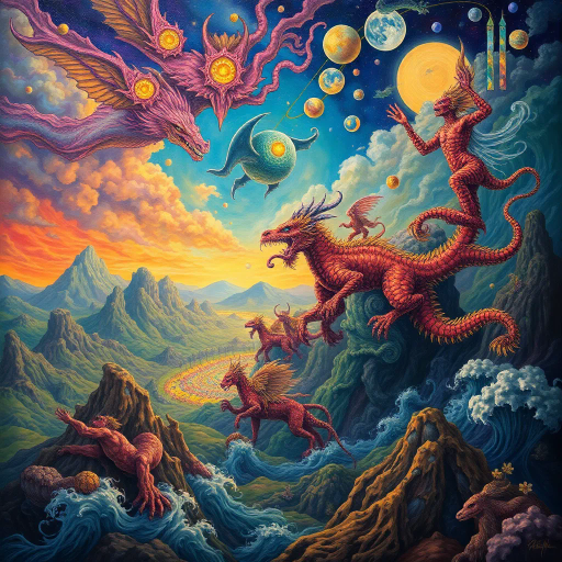 surrealism, imaginative, vibrant colors, dynamic forms, mythical creatures, expansive landscapes, intricate patterns, storytelling, cultural mythologies, dreamlike sequences, dramatic lighting, flowing movement, symbolic elements, visionary art, ethereal atmosphere, poetic expressions, magical realism, mythical narratives, legendary figures, allegorical themes