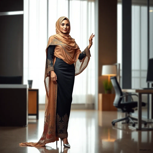 elegant Arab woman, professional attire, modern workplace, high heels, Middle Eastern influence, contemporary art style, intricate patterns, vibrant color palette, soft ambient lighting, cultural expression, dynamic posing, delicate textiles, confidence, empowerment, sophistication, grace, diverse cultural representation, cultural fusion, impressionism influences, human form depiction, balance and harmony, dynamic office environment, elegance, poise, detailed craftwork, modernism, cultural narrative, harmonious composition, vibrant textures