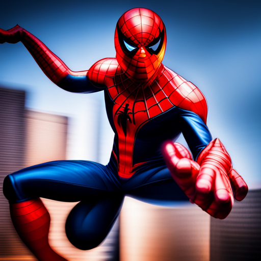 Spiderman, comic book, action, superhero, Marvel, web-slinging, New York City, skyscrapers, red and blue, dynamic poses, web shooters, agility, crime-fighting, mask, spandex suit, Peter Parker, web-swinging, high-flying, urban setting comic-book