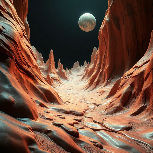 surreal landscapes, hyper-realistic textures, depth perspective, intricate details, vibrant contrast, futuristic design, immersive environments, light reflections, Yves Tanguy influences, bold geometry, delicate gradients, dynamic composition, spatial exploration, visual depth, artistic dimension, metallic surfaces, modern aesthetic, sculptural elements, atmospheric mood