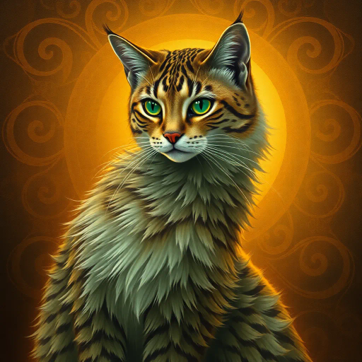 elegant feline, majestic posture, intricate fur patterns, glistening emerald eyes, golden light, whimsical surrealism, inspired by Alphonse Mucha, luxurious tapestry, ethereal presence, enigmatic aura, flowing lines, Art Nouveau influences, warm autumn palette, delicate brushwork, mystical elegance, dynamic composition, fluid textures, gentle curves, serene grace, ornamental details, timeless beauty, harmonious balance