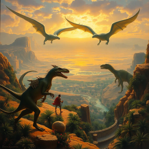 prehistoric warriors, exotic oasis, majestic dinosaurs, distant desert landscapes, vibrant oasis colors, dramatic lighting, surrealism, expansive view, earth tones, ancient civilizations, Jean-Léon Gérôme, romanticism, dynamic composition, lively flora, prehistoric era, daring adventurers, epic scale, lush vegetation, warm hues, imaginative storytelling, atmospheric perspective, textural details, sense of wonder, vivid realism
