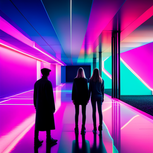 neon glow, futuristic design, metallic shine, avant-garde, high contrast, chromatic aberration, iridescent hues, minimalist composition, tech-inspired color palette