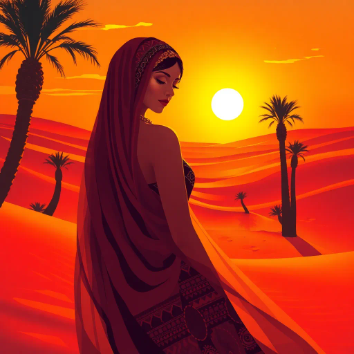 Arabian beauty, Henri Matisse influence, modern elegance, desert oasis scene, golden hour glow, vibrant colors, intricate arabesque patterns, delicate artistic textures, exotic allure, cultural richness, flowing grace, sensual movement, warm inviting tones, harmonious composition, romantic ambiance, visual poetry, timeless grace, enchanting aura, seductive composition, ethereal mood of a desert mirage, exotic elegance, artistic expression, Arabic cultural motifs, captivating allure, sun-kissed glow, artistic flair, captivating portrait, evocative atmosphere, visual storytelling