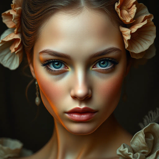 hyper-realistic, captivating portrait, youthful elegance, intricate details, dynamic pose, Caravaggio lighting, vibrant contrast, soft textures, detailed skin tones, captivating gaze, surreal proportions, Botticelli influence, delicate features, expressive mood, ethereal atmosphere, contemporary aesthetic, Renaissance influences, playful undertones, captivating composition, harmonious blend, feminine beauty, radiant allure, detailed ornamentation, sculptural form, Timeless elegance, evocative charm