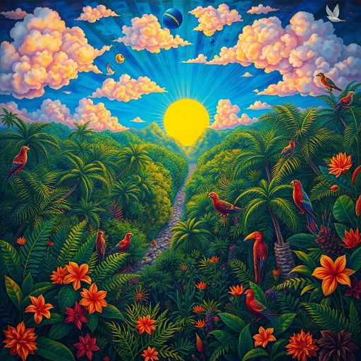 vivid rainforests, carnival atmosphere, vibrant colors, intricate details, lush foliage, rich cultural heritage, magical realism, Brazilian landscape, surreal clouds, tropical wildlife, Henri Rousseau influence, rhythmic movement, radiant sunlight, festive mood, intricate patterns, exotic birds, mythical elements, celebratory spirit, tropical flora, samba rhythm, enchanting scenery