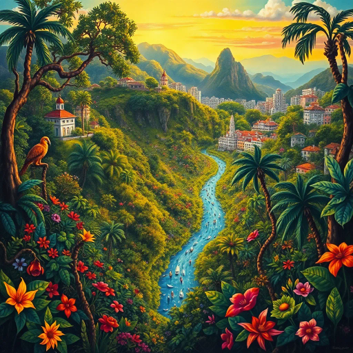 vivid colors, intricate details, lush rainforest, rich cultural heritage, Brazilian landscape, rhythmic movement, radiant sunlight, festive mood, exotic wildlife, mythical elements, Henri Rousseau influence, Tarsila do Amaral style, Samba rhythm, enchanting scenery, vibrant rainforest, sprawling cityscapes, Rio Carnival celebration, modern architecture, chromatic brilliance, dynamic movement, cultural fusion, Henri Rousseau influence, intricate patterns, expressive brushstrokes, vibrant street art, joyous atmosphere, Amazon River, tropical paradise, energetic composition, celebratory spirit, lush vegetation, festive scene, warmth and energy, indigenous art, urban diversity