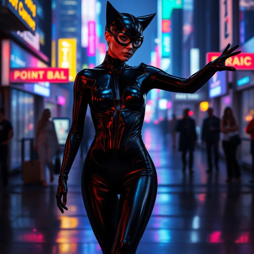 sleek catsuit design, high fashion, futuristic elements, vibrant neon lighting, dynamic pose, bold composition, metallic textures, sci-fi influence, Joan Miró inspiration, night cityscape, cyberpunk aesthetics, mysterious mood, playful elegance, abstract forms, intricate detailing, avant-garde style, fluid movements, bold color contrasts, surreal presentation, depth and layering, unconventional materials, reflections and shadows, elegant silhouette, imaginative realm, Salvador Dali, dreamlike atmosphere, geometric precision, fluid dynamics, visual storytelling, abstract surrealism, enigmatic expressions, ethereal glow, kaleidoscopic patterns, reflective surfaces, overlapping dimensions, contrasting hues, multidimensional perspective, spatial depth, imaginative narrative