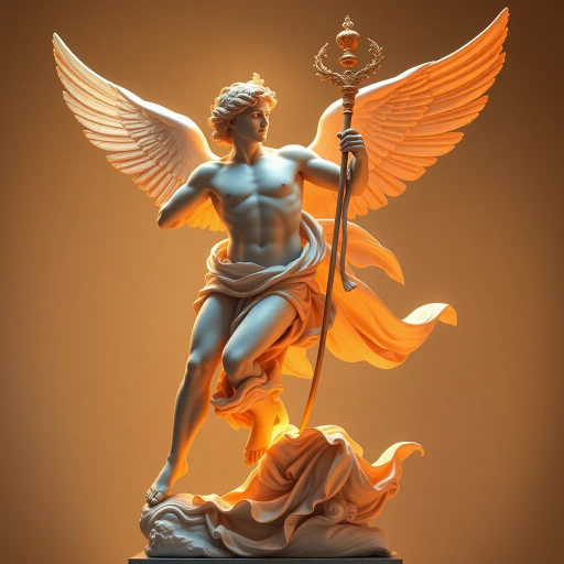 Hermes, Greek god, divine messenger, wings on sandals, caduceus, swift movement, dynamic pose, classical antiquity, mythological figure, spiritual journey, ethereal glow, lively expression, flowing robes, bronze sheen, golden highlights, celestial ambiance, divine radiance, Olympian grandeur, Renaissance elegance, masterful brushwork, majestic presence, fluid motion, wind-swept landscape, mythical essence, Homeric influence, Roman frescoes, Hermes Trismegistus, open sky, elevated perspective, spiritual transcendence, ancient mythology, artistic symbolism, celestial themes, elegant visual representation