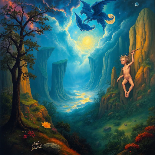 mythical creatures, enchanted forest, glowing ethereal light, intricate details, vibrant colors, magical realism, J.R.R. Tolkien influence, surreal landscapes, dreamlike atmosphere, whimsical elements, Baroque art influence, dynamic composition, ornate textures, mystical symbols, Arthurian legends, imaginative storytelling, celestial motifs, magical aura, otherworldly beauty, grand scale, immersive environment, enchanted castle, romanticism, allegorical themes, luminous glow, fine brushwork, visionary art