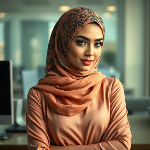 Arab woman, elegant hijab, professional setting, modern workplace, high heels, Middle Eastern culture, contemporary art, intricate patterns, vibrant colors, soft lighting, dynamic pose, cultural expression, delicate fabrics, office environment, confident demeanor, sophisticated fashion, grace and poise, diverse representation, cultural fusion, empowerment, modernism, Impressionism influences, human form, balance and harmony, Henri Matisse, modern elegance, intricate textile patterns, vibrant aesthetic, global influence, artistic expression, dignity and strength, atmospheric composition, elegant lines, harmonious palette, seamless integration, modern artistry