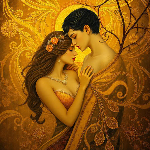 surreal romance, ethereal beauty, evocative passion, Gustav Klimt, Art Nouveau, warm golden hues, intricate patterns, delicate textures, intimate atmosphere, flowing forms, soft focus, dreamy ambiance, allegorical symbolism, organic curves, sensual elegance, lush environments, enchanting allure, compelling emotion, mysterious undertones, gentle movement, timeless elegance, lavish details, artistic grace, enchanting glow, whimsical narrative, magical realism, baroque influences, luxurious intricacy