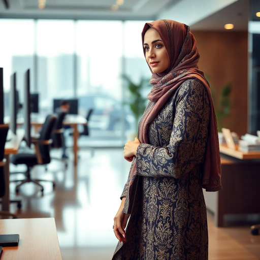 Arab woman, elegant hijab, professional setting, modern workplace, high heels, Middle Eastern culture, contemporary art, intricate patterns, vibrant colors, soft lighting, dynamic pose, cultural expression, delicate fabrics, office environment, confident demeanor, sophisticated fashion, grace and poise, diverse representation, cultural fusion, empowerment, modernism, Impressionism influences, human form, balance and harmony, Henri Matisse, modern elegance, intricate textile patterns, vibrant aesthetic, global influence, artistic expression, dignity and strength, atmospheric composition, elegant lines, harmonious palette, seamless integration, modern artistry