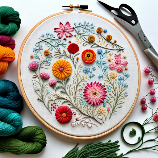 embroidery pattern, wildflower meadow, floral motifs, delicate stitches, intricate detailing, vibrant colors, nature-inspired, handmade, textile art, organic shapes, traditional craft, vintage aesthetic, botanical elements, floral composition, intricate patterns, textile design, artistic embellishments line-art