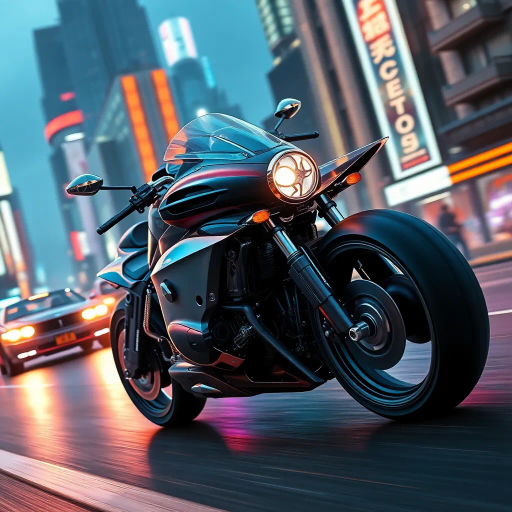 futuristic motorcycle, sleek design, dynamic movement, vibrant neon lighting, retro-futurism aesthetics, Ralph McQuarrie, cyberpunk cityscape, speed and energy, chrome finishes, intricate mechanical details, kinetic composition, bold contrasts, urban night setting, digital rendering techniques, motion blur, concept art, streamlined form, synthetic materials, high contrast shadows, immersive environment, Akira inspiration, Blade Runner ambiance, luminous reflections, electric hues, cutting-edge technology, dusk ambiance, cinematic angles, futuristic metropolis, pulsating vibrancy