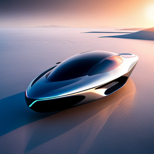 Futuristic design, high-tech sci-fi, AI-controlled vehicle, carbon-fiber components, holographic accents, neon-lit accents, asymmetrical shapes, levitation, jet inspiration, modular and transparent design, fast movement, chrome-plated, electrical, sleek and aerodynamic