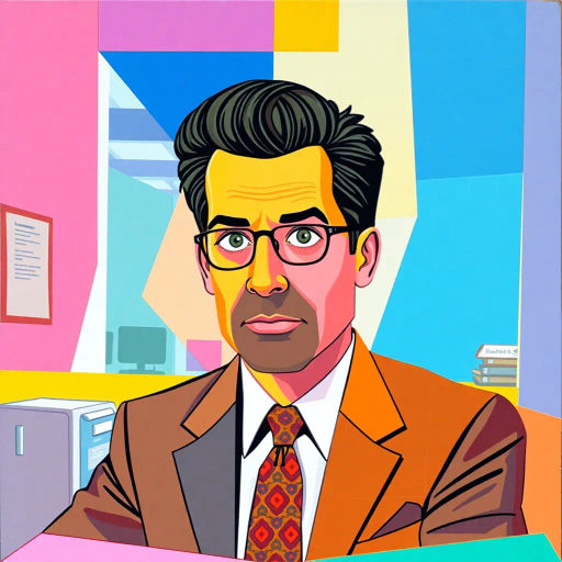 Michael Scott, geometric, cubist influence, abstract expressionism, vibrant color palette, office space, surreal composition, modern corporate satire, intricate line patterns, fragmented forms, Dunder Mifflin, pop art, humor, whimsical tone, mixed media, overlapping shapes, exaggerated proportions, dynamic angles, bold contours, cultural commentary, contemporary setting, pastel highlights, texture variation, visual rhythm, abstract storytelling, conceptual depth, dimensional interplay