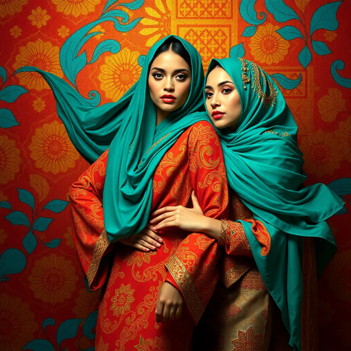 captivating Muslim women, vibrant textile patterns, intricate henna designs, cultural richness, modern elegance, dynamic movement, chiaroscuro lighting, warm and cool tones, diverse beauty, empowering expressions, fluid garment flow, detailed ornamentation, visual storytelling, vibrant urban setting, interplay of shadows, serene confidence, rich textures, contemporary portraiture, harmonious balance, Alphonse Mucha inspiration, Middle Eastern influences, juxtaposition of tradition and modernity, symbolic elements, intricate accessories, feminine strength, immersive ambiance