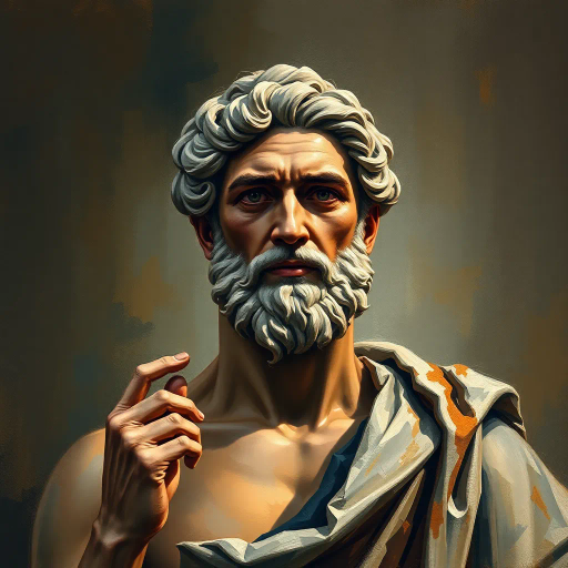 stoic figure, Michelangelo influence, impressionistic brushwork, ambient lighting, Renaissance echoes, vivid contrasts, textured layers, oil painting effects, dynamic composition, rich color palette, emotional depth, symbolic gestures, contemporary twist, high realism, dramatic shadows, serene expression, cultural amalgamation, intricate details, grand scale, modernized classicism