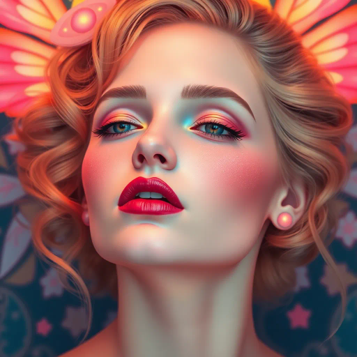 androgynous beauty, vibrant colors, celestial elegance, glowing skin, Alphonse Mucha, Art Nouveau influences, ethereal serenity, delicate features, soft pastel hues, intricate patterns, flowing lines, dreamy atmosphere, gender fluidity, modern twist, whimsical aesthetic, tender expression, gentle curves, surreal elements, youthful energy, contemporary fashion, luminous lighting