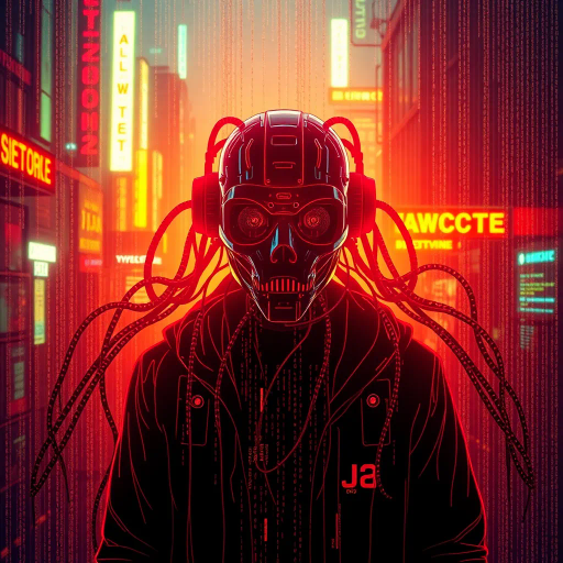 cyberpunk aesthetics, William Gibson influence, dystopian future, neon glow, high contrast lighting, vibrant color palette, digital interfaces, code symbols, urban backdrops, futuristic technology, hacker ethos, cybernetic organisms, intricate line work, surveillance themes, digital rebellion, digital art revolution, underground networks, matrix-style environments, ethereal textures, avant-garde composition