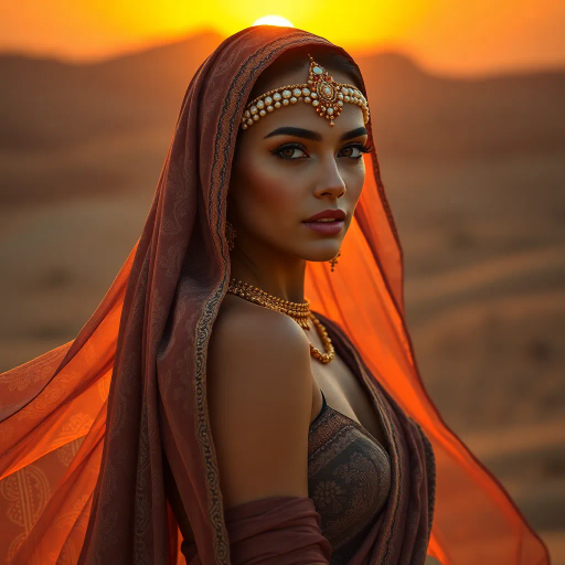 mysterious desert ambiance, sultry allure, arabian influence, exotic beauty, warm sunset glow, intricate patterns, delicate veils, rich golds and indigos, Henri Matisse inspiration, sensual curvature, dynamic movement, inspired by fiction and fantasy, opulent textures, fluid silks, contrast of light and shadow, intimate and bold, art nouveau elegance, sensual exploration, distant dunes, whispers of wind, cultural mystique, intricate henna designs, ethereal essence, graceful poise, visual poetry, emotive depth