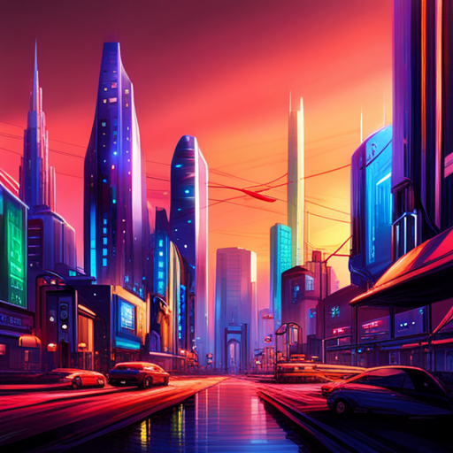 cyberpunk, dystopian, futuristic, technological, cityscape, nature, urban jungle, neon lights, vibrant colors, digital art, advanced civilization, synthetic materials, artificial intelligence, towering skyscrapers, overgrown vegetation, pollution, advanced transportation, dark alleys, glowing symbols, sleek architecture, high-tech gadgets, contrast between nature and technology, chaotic streets, augmented reality, cybernetic enhancements