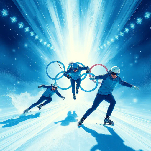 winter olympics, Adolphe Mouron Cassandre, dynamic composition, vibrant movements, cold hues, frosty blues, sparkling whites, contrasting shadows, atmospheric depth, panoramic vistas, kinetic energy, athletic prowess, cultural celebration, Olympic spirit, Art Deco influences, geometric patterns, sweeping curves, expressive lines, emotional intensity, grand scale, global unity, dramatic lighting, icy textures, timeless grandeur, elegant symmetry, inspiring competition, frozen terrains, monumental arenas, inspired by tradition, contemporary innovation, international camaraderie