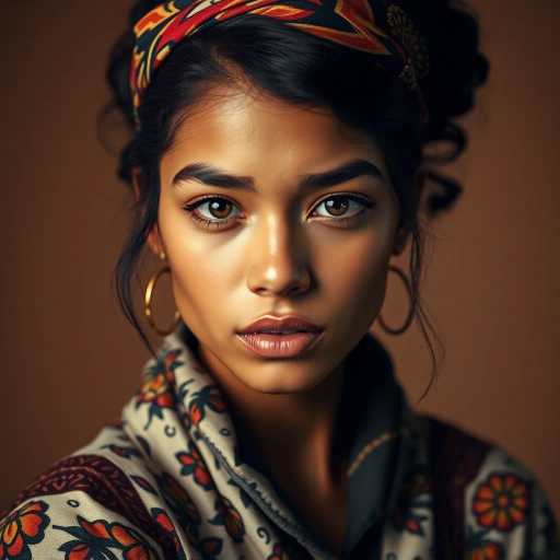 elegant modernity, vibrant Latino essence, captivating beauty, inspired by Frida Kahlo and Diego Rivera, contemporary fashion, dynamic pose, vivid color palette, warm tones, intricate patterns, confident expression, surreal lighting, cultural richness, urban backdrop, artistic flair, stylish sophistication, intricate details, youthful spirit, iconic representation, balance of tradition and modernity, digital brushstrokes, immersive atmosphere