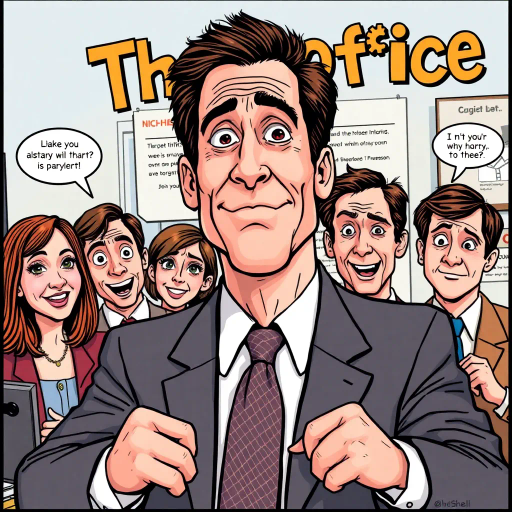 Michael Scott, vibrant colors, humorous expression, dynamic composition, satirical tone, exaggerated features, playful mood, pop art style, witty dialogue, The Office, ensemble cast, mockumentary style, quirky everyday life, character dynamics, cultural phenomenon, Steve Carell, Dunder Mifflin, paper company, office antics, relatable humor, expressive line work, sequential art story, americana, narrative humor, iconic moments, lighthearted ambiance, dynamic poses, Jim Halpert, Pam Beesly, Dwight Schrute, vibrant personalities, comedic timing, sketch-like outlines, cartoonish exaggeration, character-centric atmosphere