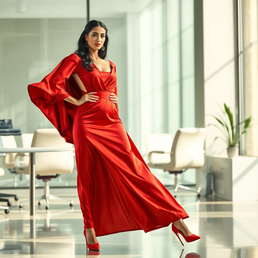 elegant arab lady, professional setting, high-fashion heels, modern office, cultural elegance, vivid colors, dynamic composition, natural light, Henri Matisse influences, contemporary style, luxurious fabric textures, warm tones, poised and confident expression, sleek silhouette, refined and sophisticated, detailed attire, graceful posture, Middle Eastern aesthetic, juxtaposition of tradition and modernity, evocative mood, subtle symbolism, realistic proportions, intricate detailing, work environment, empowerment theme