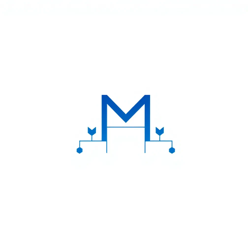 abstract letter M logo, parent node, child nodes, thin branching lines, tree hierarchy, indigo gradient, minimal vector design, white background, geometric abstraction, modernist influence, Bauhaus, clean lines, connection symbolism, hierarchical structure, conceptual design, negative space, visual balance, contemporary aesthetics