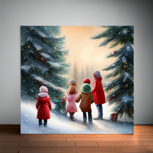 Winter Children, Christmas Tree, Painting, Snow, Joyful, Traditional, Classic, Realism, Light and Shadow, Colorful, Soft Brush Strokes, Holiday, Festive, Seasonal, Cold Weather, Celebratory, Nostalgic, Family, Childhood, Magical, Winter Wonderland, Snowflakes, Cozy, Fireplace, Presents, Sleigh, Horses, Winter Clothing, Excitement, Happiness, Innocence, Traditional Art, Wintertime, Festivities