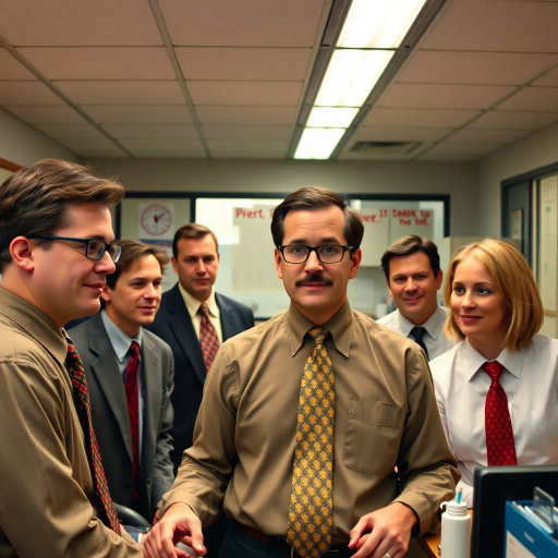 Steve Carell, ensemble cast, mockumentary style, quirky, everyday life, work environment, subtle irony, character dynamics, Michael Scott, Dunder Mifflin, satirical humor, vibrant colors, cultural phenomenon, witty banter, comedic timing, relatable humor, round camera angles, mundane yet charming, workplace relationships, office supplies, 2000s television, Scranton, Pennsylvania, documentary filming, Jim Halpert, Pam Beesly, Dwight Schrute, deadpan expression, office antics, fluorescent lighting, paper company, team dynamics, cultural influence, artistic expression, symbolism, deadpan humor, narrative flow, vibrant storytelling, juxtaposition, emotional nuance, community depiction, employee interactions, human connections