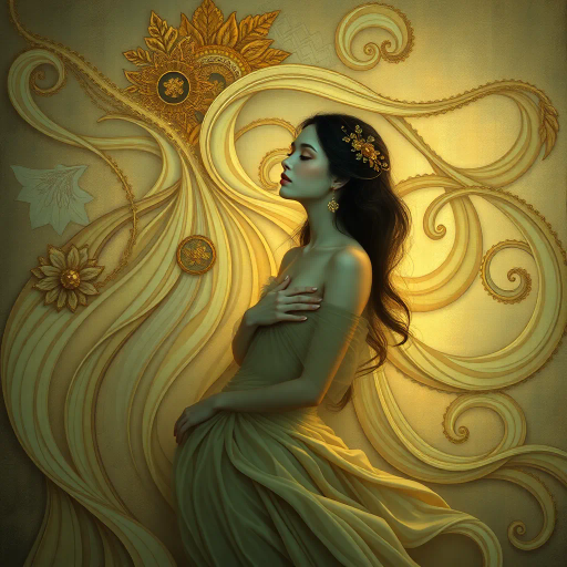 surreal, ethereal, timeless elegance, Gustav Klimt, Art Nouveau, flowing curves, soft lighting, pastel hues, Renaissance, delicate textures, elegant composition, dreamlike atmosphere, symbolic, feminine grace, chiaroscuro, intimate setting, sensuality, muted tones, baroque influences, detailed, emotional depth, harmonious balance, ornate embellishments, idyllic scene, captivating presence