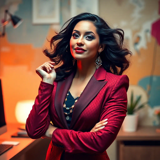 elegant arab woman, empowered, modern workspace, vivid colors, intricate geometric patterns, middle-eastern influences, soft ambient lighting, professional attire, abstract background, cultural richness, Henri Matisse inspiration, dynamic composition, confident posture, smooth textures, harmonious balance, contemporary aesthetics, vibrant energy, artistic embellishments, subtle symbolism, aesthetic elegance, fluid motion, commanding presence