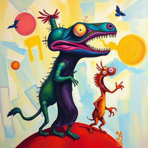 abstract, humor, exaggerated proportions, surrealism, dynamic movement, bold colors, playful composition, whimsy, vibrant palette, fantastical creatures, humorous tone, Salvador Dali influence, dreamlike atmosphere, imaginative forms, artistic freedom, metaphorical representation, flamboyant style, whimsical exaggeration, humor in art, light-hearted mood, exaggerated scale