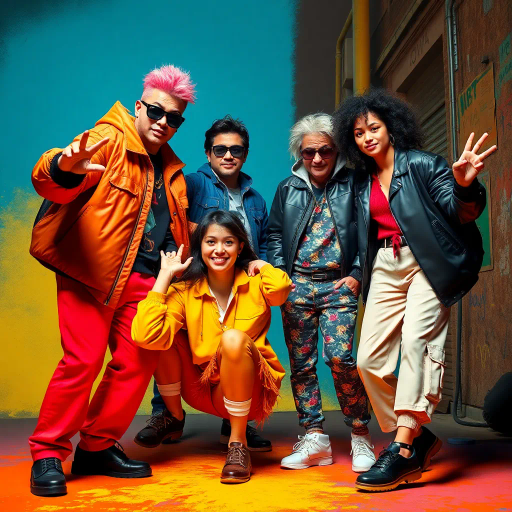 dynamic figures, expressive gesture, vibrant energy, modern attitude, pop art influences, bold colors, playful interaction, contemporary fashion, streetwear elements, urban settings, dramatic lighting, whimsical details, lively composition, cheeky expressions, colorful textures, high contrast, Andy Warhol inspiration, youth culture, fashion-forward, vivid background, John Galliano influence, sense of motion, dramatic framing, playful mood, cultural vibrancy, energetic atmosphere, stylized representation, Joan Miró echoes