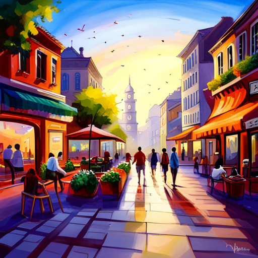 early morning light, peaceful scenery, vibrant colors, urban landscapes, city streets, architectural elements, shadows and highlights, serenity, daily routines, sunlight filtering through trees, quaint cafes, bustling restaurants, people walking, evening ambiance, streetlights, cityscape, charming buildings