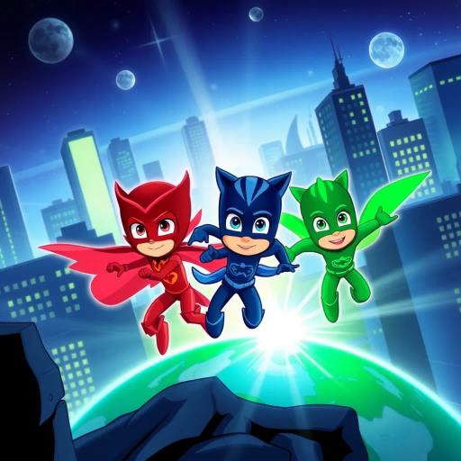 heroic trio, dynamic action, vivid colors, futuristic cityscape, midnight blues, vibrant greens, animated style, dramatic shadows, fast-paced, heroic journey, children's heroes, comic strip influence, rescue mission, environmental protection, teamwork, bold outlines, stylized, storytelling, graphic novel technique, adventure narrative, heroic lighting, superhero themes, youthful spirit, comic panel composition, PJ Masks, saving planet, vivid contrasts, animated charm, iconic hero narrative, brilliant adventure, evocative panels