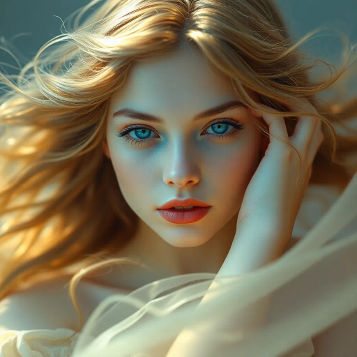 ethereal beauty, youthful elegance, soft lighting, vibrant colors, serene expression, dreamlike atmosphere, inspiration from Alphonse Mucha, modern surrealism, flowing hair, delicate features, lively pastel palette, harmonious balance, intricate details, graceful pose, romanticism, gentle textures, immersive composition, dynamic contrast