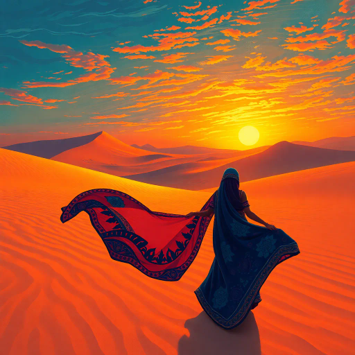 Arabian nights, desert oasis, vibrant colors, Henri Matisse, flowing fabrics, intricate patterns, sunlight reflections, ethnic motifs, modernist approach, serene and poised, cultural fusion, delicate textures, rhythmic lines, sensual elegance, warm earthy tones, exotic allure, mystical ambiance, artistic interpretation, contemporary flair, historical influences, juxtaposition of tradition and modernity