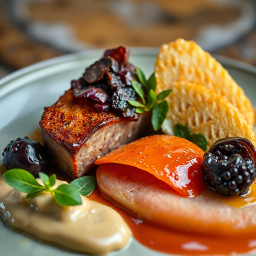 hyper-realistic, culinary artistry, still life, vibrant colors, succulent textures, gourmet presentation, chiaroscuro lighting, rich detail, natural composition, culinary textures, food stylization, glossy surfaces, nuanced hues, modern aesthetic, exquisite plating, artisanal craftsmanship, gourmet indulgence, food as art, visual feast, sumptuous presentation, high contrast, appetizing visual, culinary elegance, Rembrandt lighting, baroque influences, sumptuous and contemporary, intricate brushwork, masterful glazing, gastronomic allure, sensory experience, visual splendor