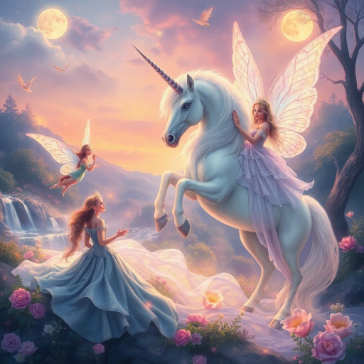 mythical unicorn, enchanting fairies, regal princess, ethereal glow, soft pastels, dreamlike landscape, intricate detail, romanticism, whimsical essence, magical realism, baroque influences, delicate brushstrokes, shimmering textures, enchanted forest, twilight ambiance, ethereal beauty, imaginative composition, vibrant flora, surreal atmosphere, celestial light, fairytale dimension, mythical creatures, gentle aura, serene emotion, opulent attire, mystical symbolism, fantasy narrative, luminous glow, vibrant pastel colors, whimsical landscapes, luminescent wings, flowing gowns, stardust, Arthur Rackham, Johan Christian Dahl, ethereal luminosity, dreamy composition, celestial aura, timeless fantasy, iridescent tones, storybook charm, moonlit scenery, shimmering waterfalls, mystical ambiance